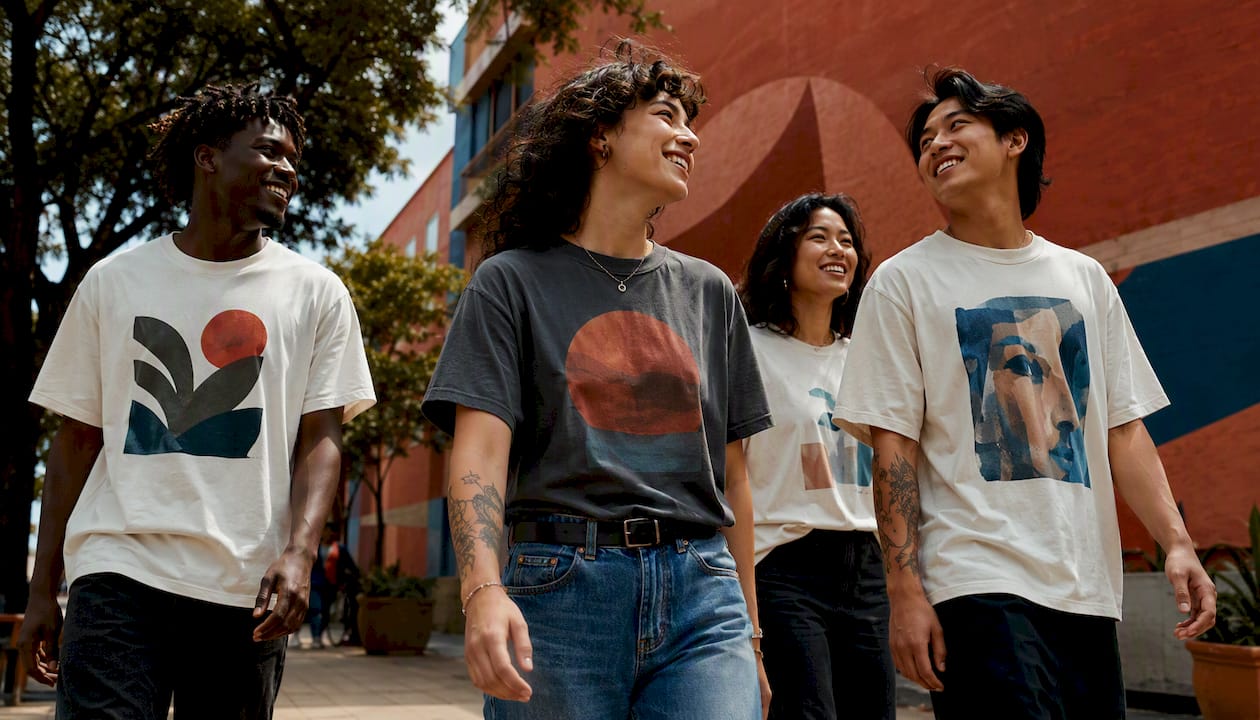 Young adults wearing graphic tees outdoors