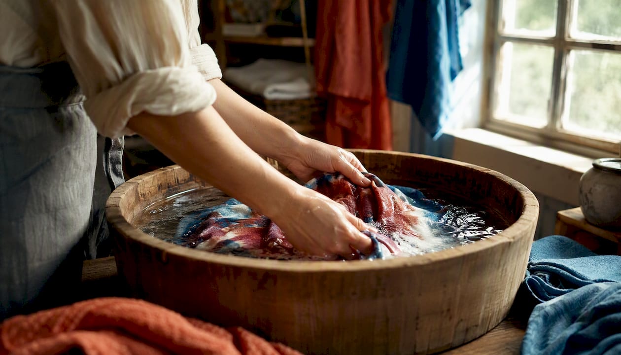 Hands washing dyed garment with color bleeding