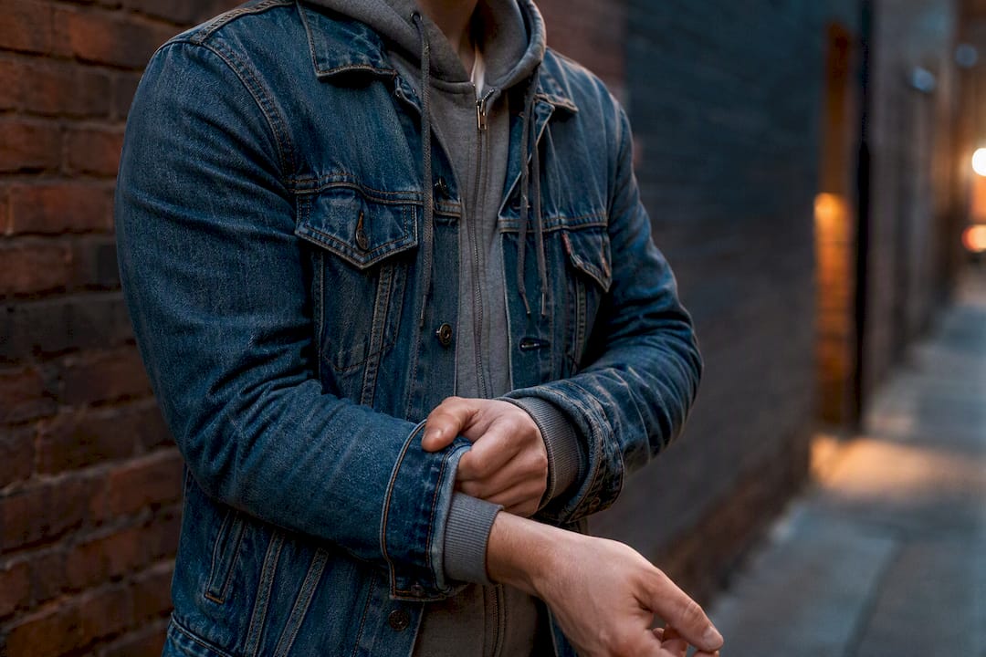 Hands adjusting denim jacket over zip hoodie