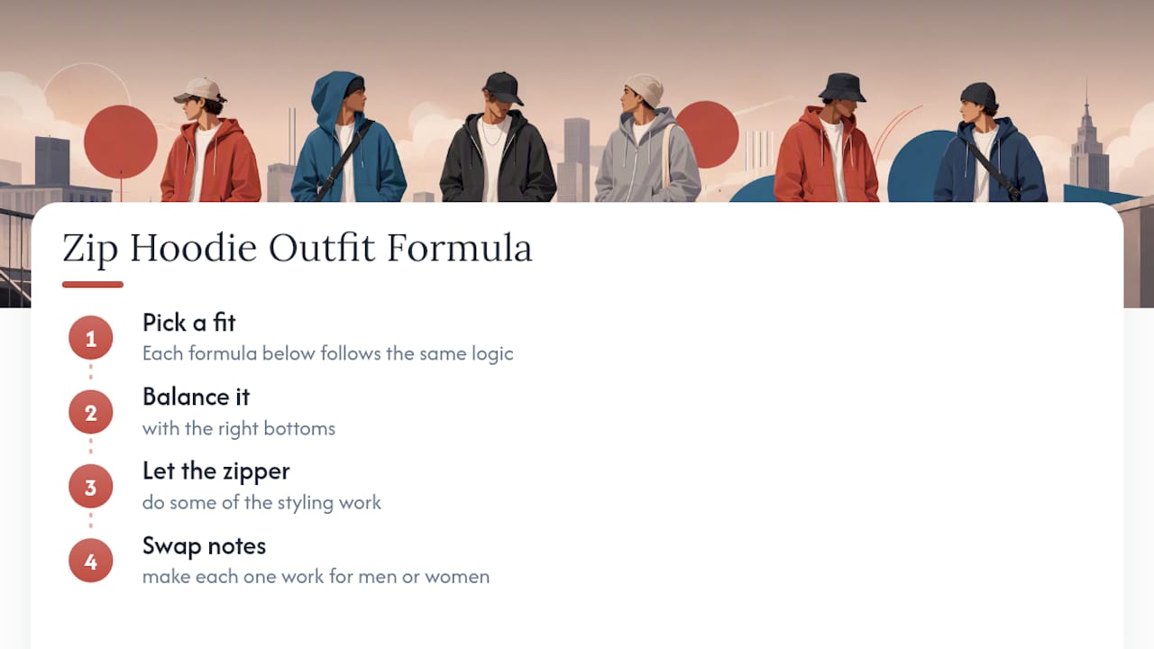 Diagram of six effortless zip hoodie outfit formulas