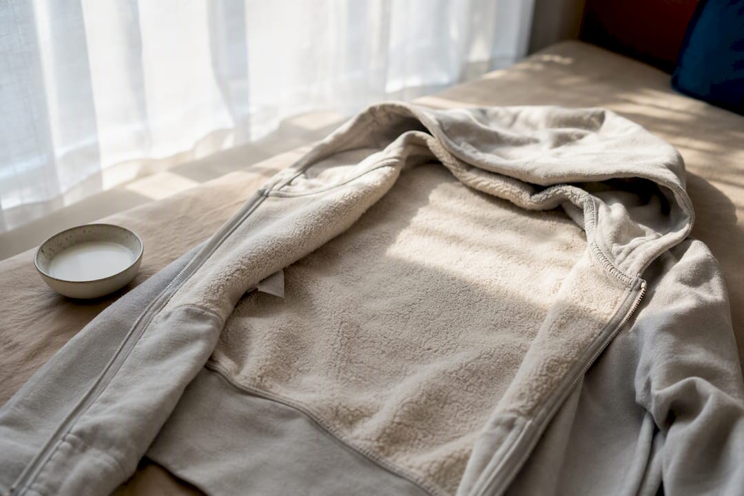 Inside-out hoodie flat on surface showing fleece texture