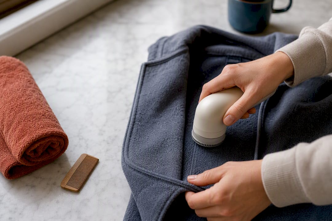 Hands testing fabric shaver on hoodie seam