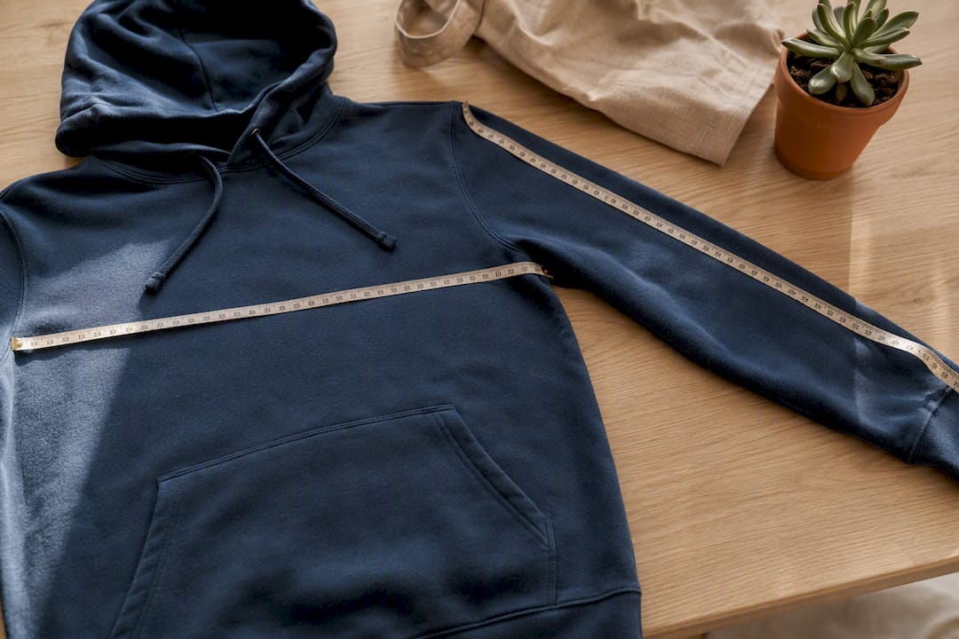 Flat lay of hoodie with measuring tape