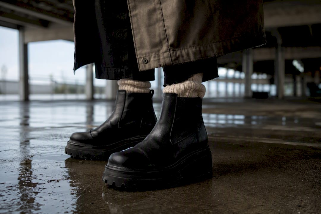 Chunky boots grounding a winter layered outfit