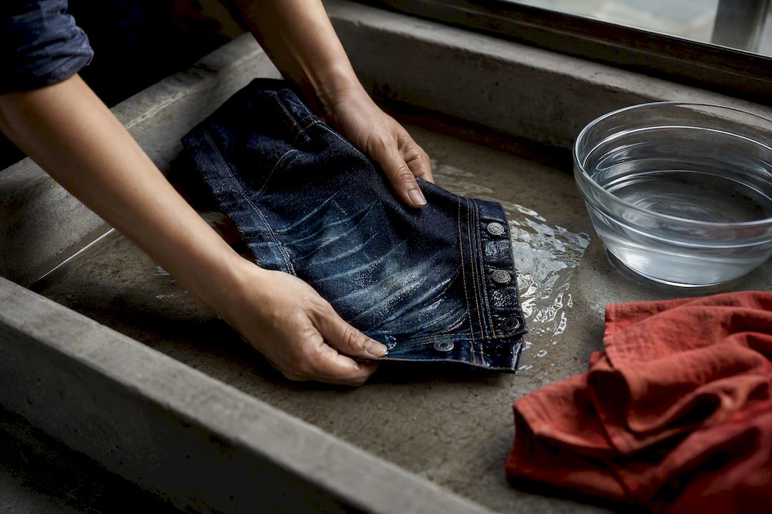 Hands hand-washing raw denim in cold water