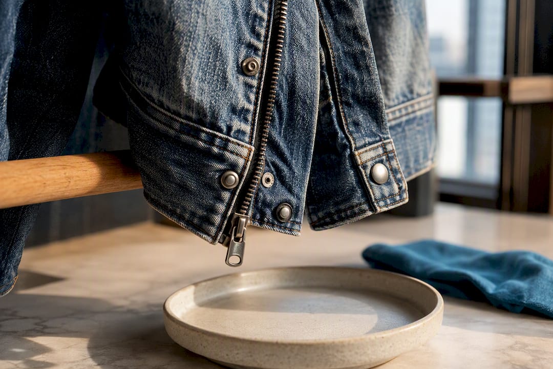 Denim jacket snaps and rivets drying