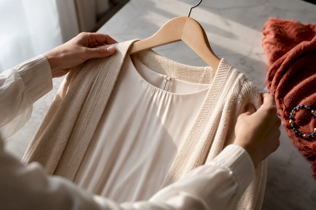 Hands layering cardigan over modest outfit