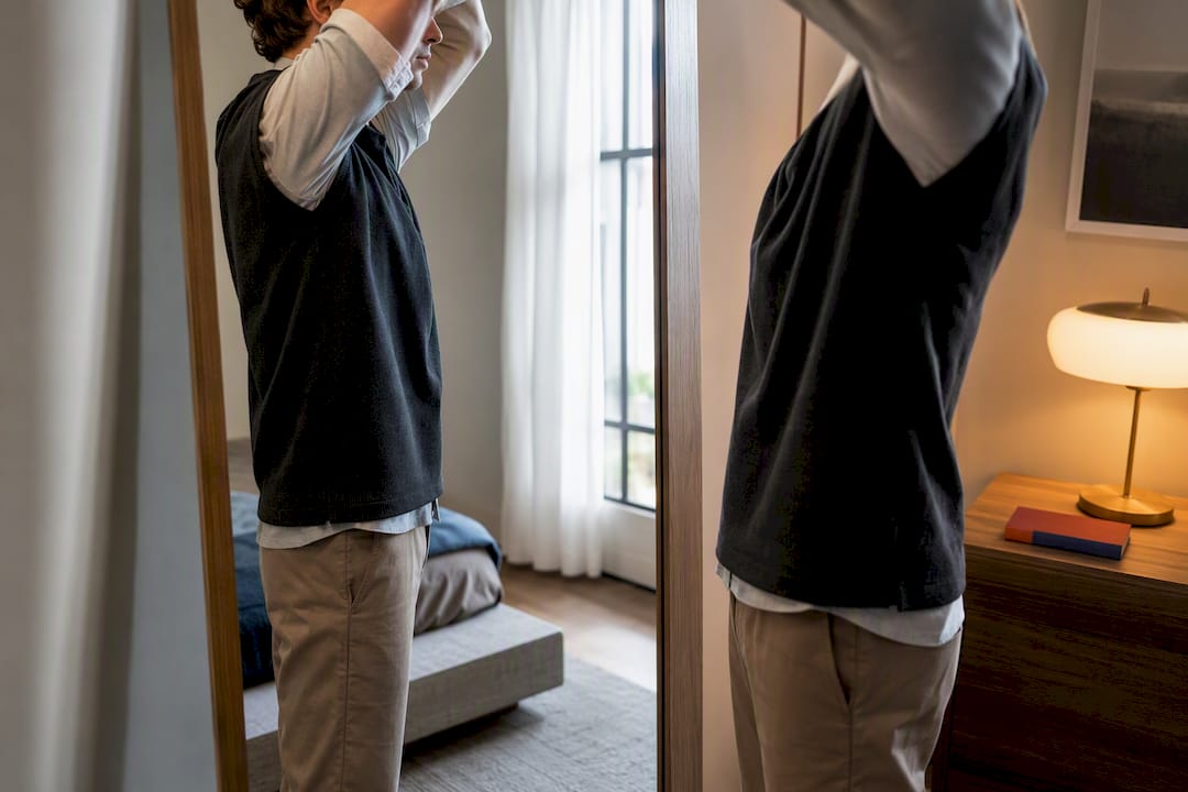 Person checking vest layers in mirror