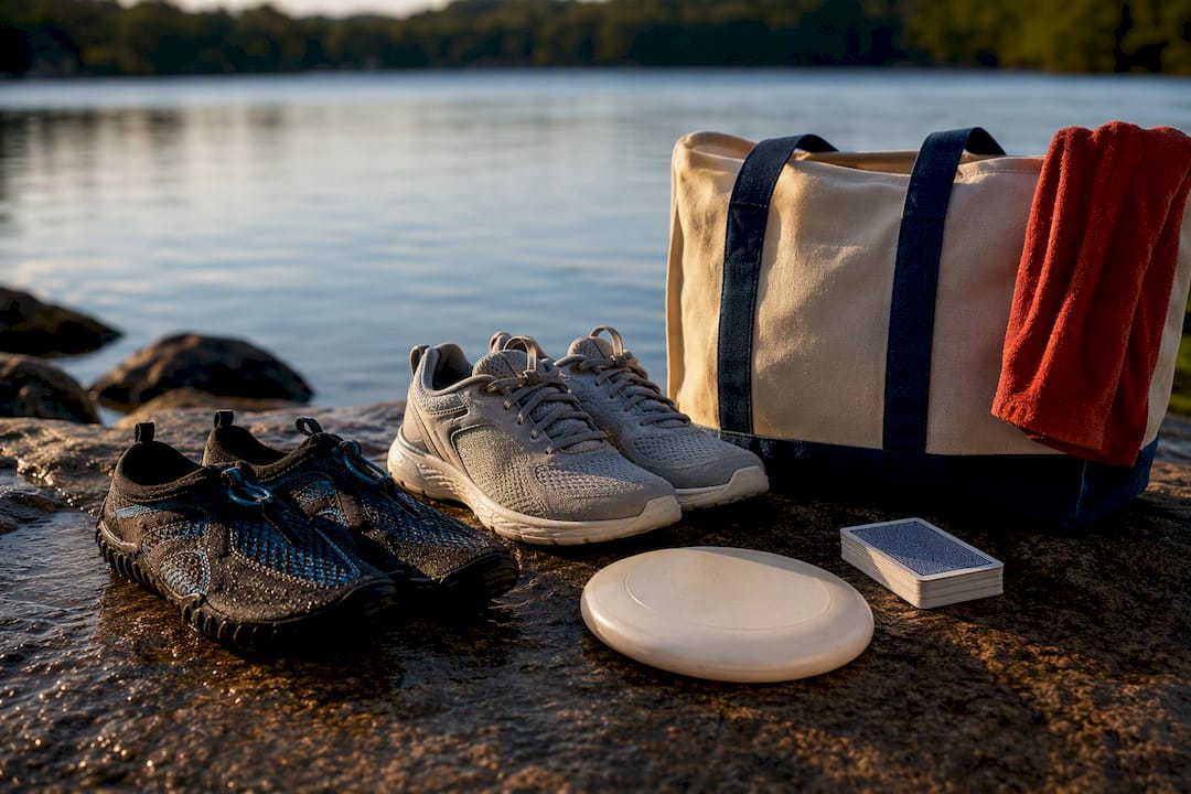 Water shoes and recreation gear by lake