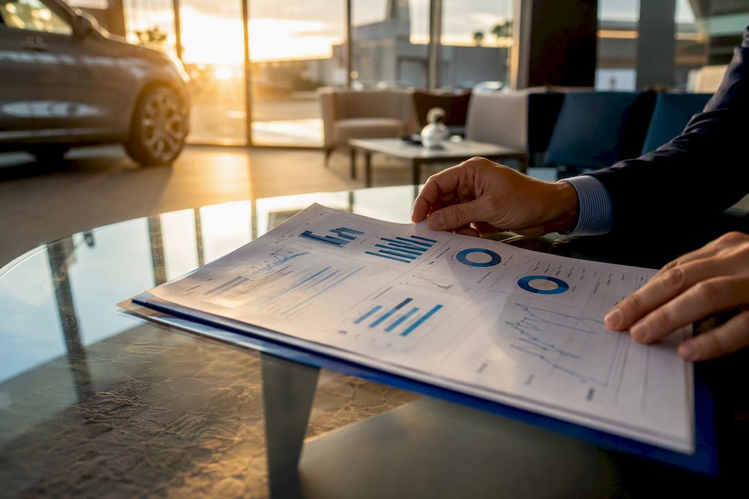 Hands adjusting marketing scorecard on table