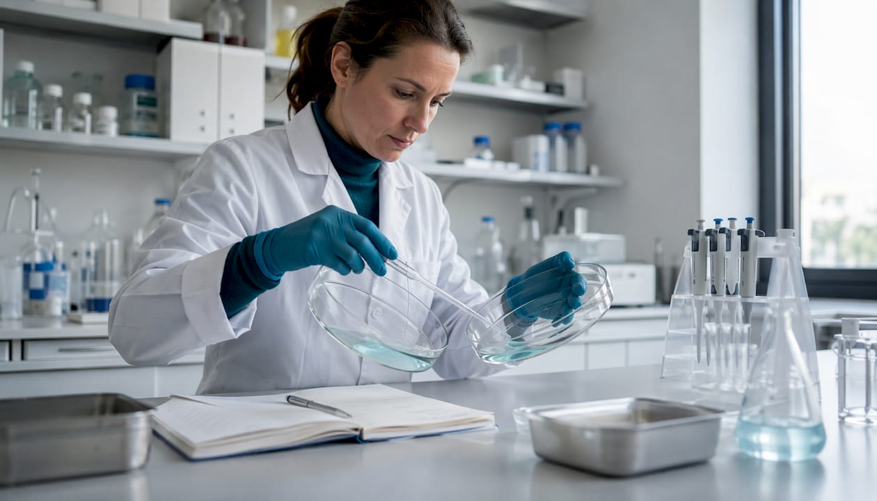 Scientist handling gluten and casein in petri dishes
