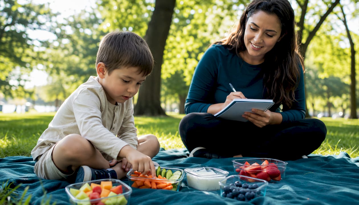 Child with occupational therapist exploring food textures