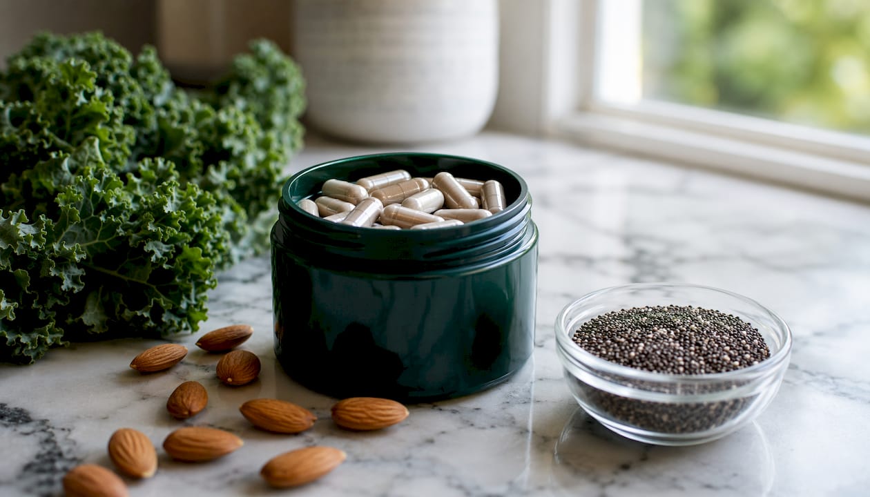Overhead view of zinc supplement container with healthy foods