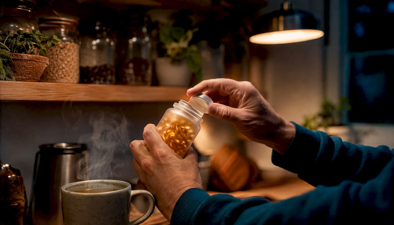 Hands holding omega-3 fish oil capsules bottle
