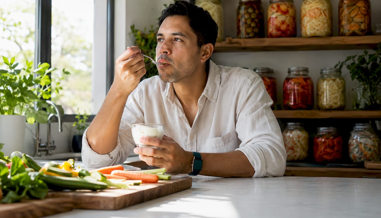Man tasting probiotic yogurt in kitchen