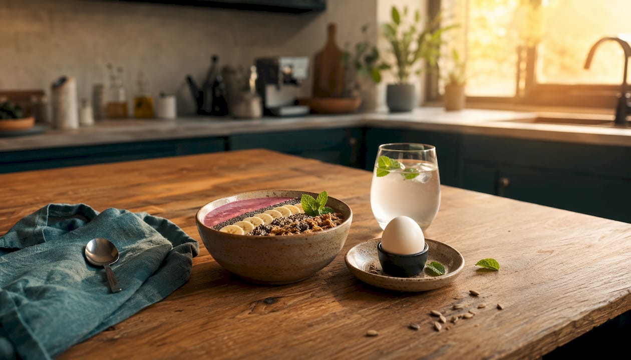 Healthy breakfast with oats and egg