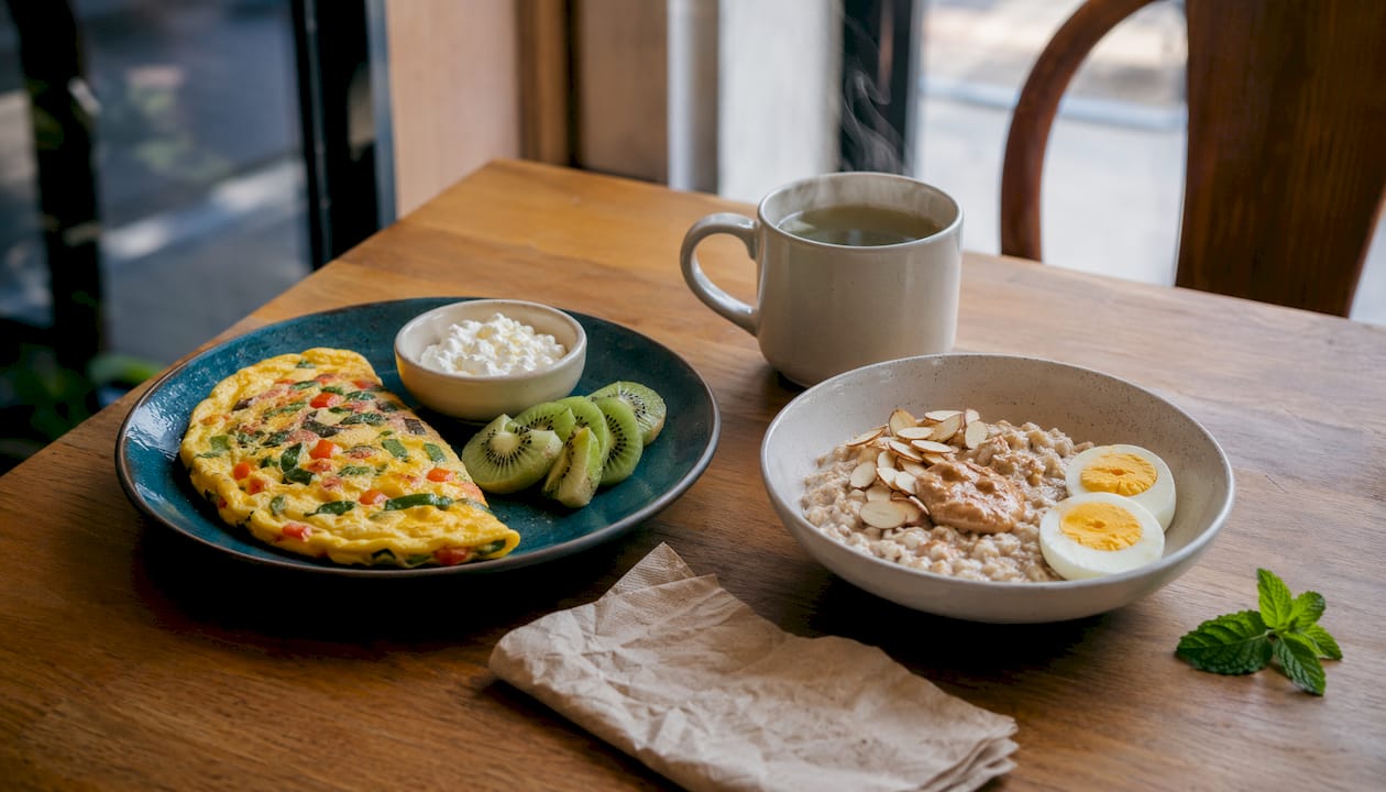 Top-down view of kid and adult protein breakfasts