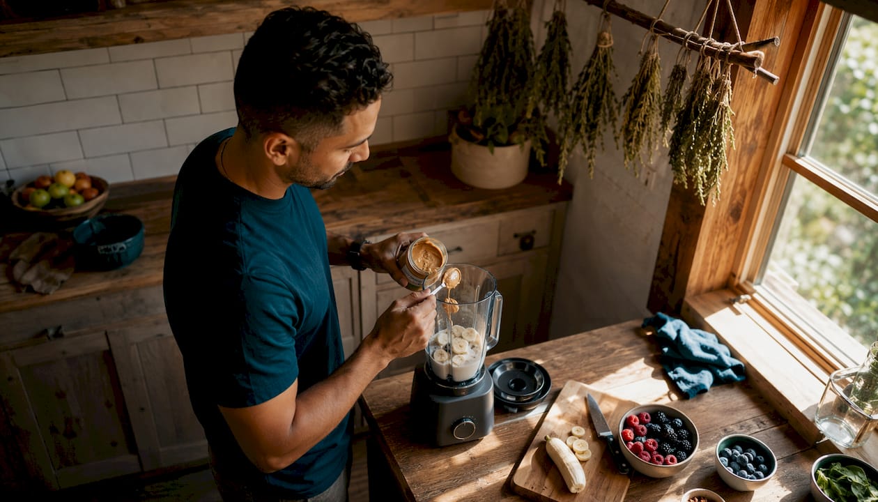 Man preparing protein smoothie in modern kitchen