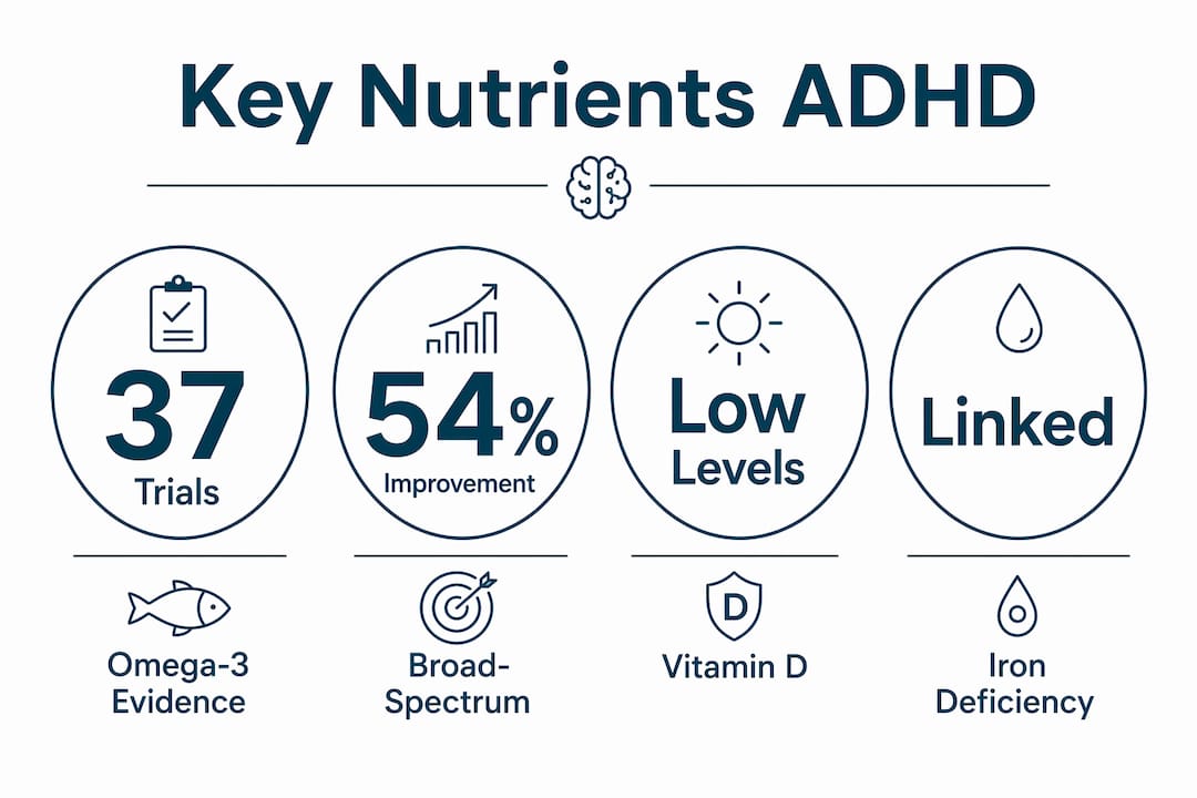 Infographic showing key nutrient evidence for ADHD supplements