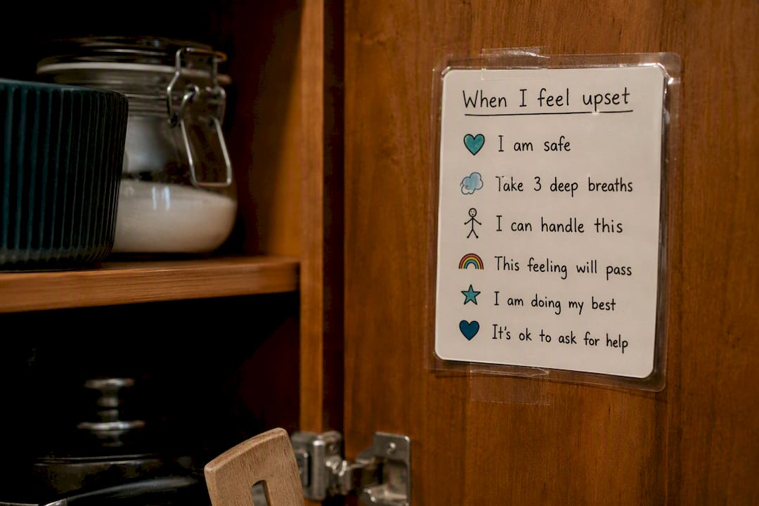 Laminated calm-down phrase card in kitchen cabinet