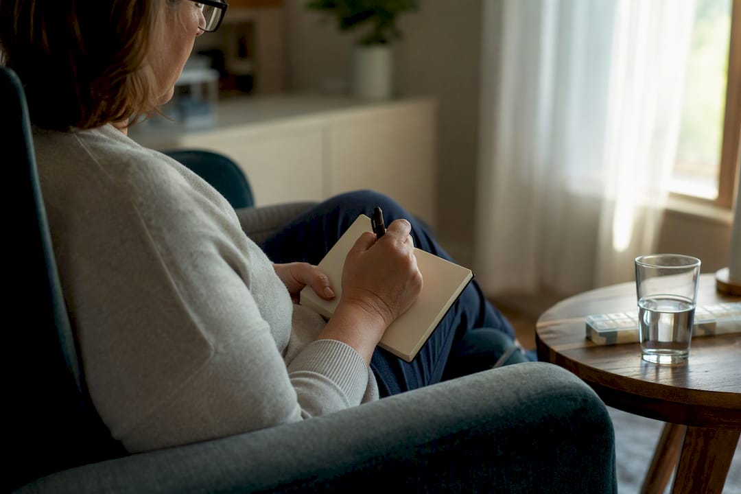 Parent writing symptom log with supplement nearby