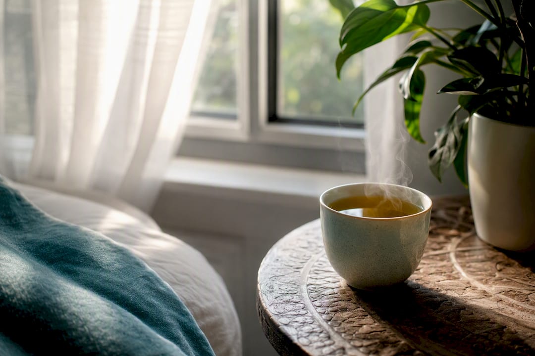 Ceramic tea cup on wooden table by window