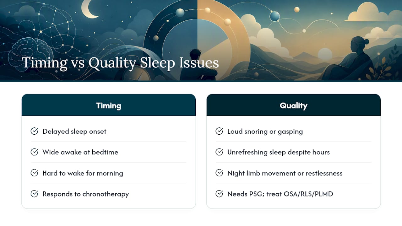 Comparison diagram of ADHD sleep timing vs quality issues