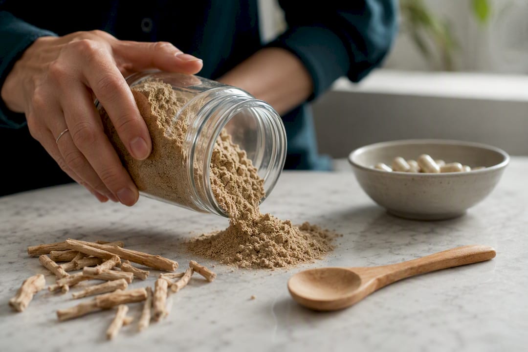 Ashwagandha root powder and capsules on stone