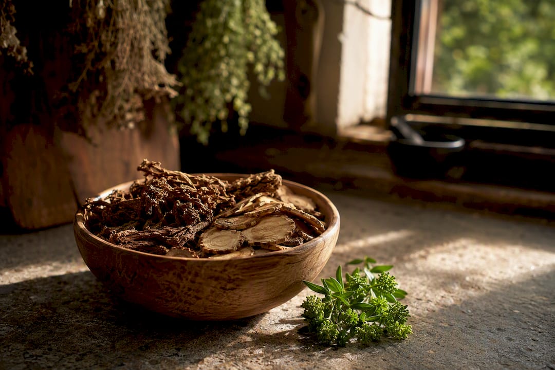 Dried rhodiola root slices on cloth backdrop