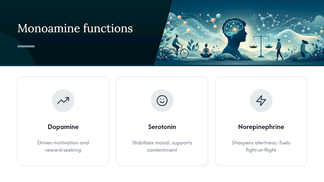 Diagram showing functions of dopamine, serotonin, norepinephrine