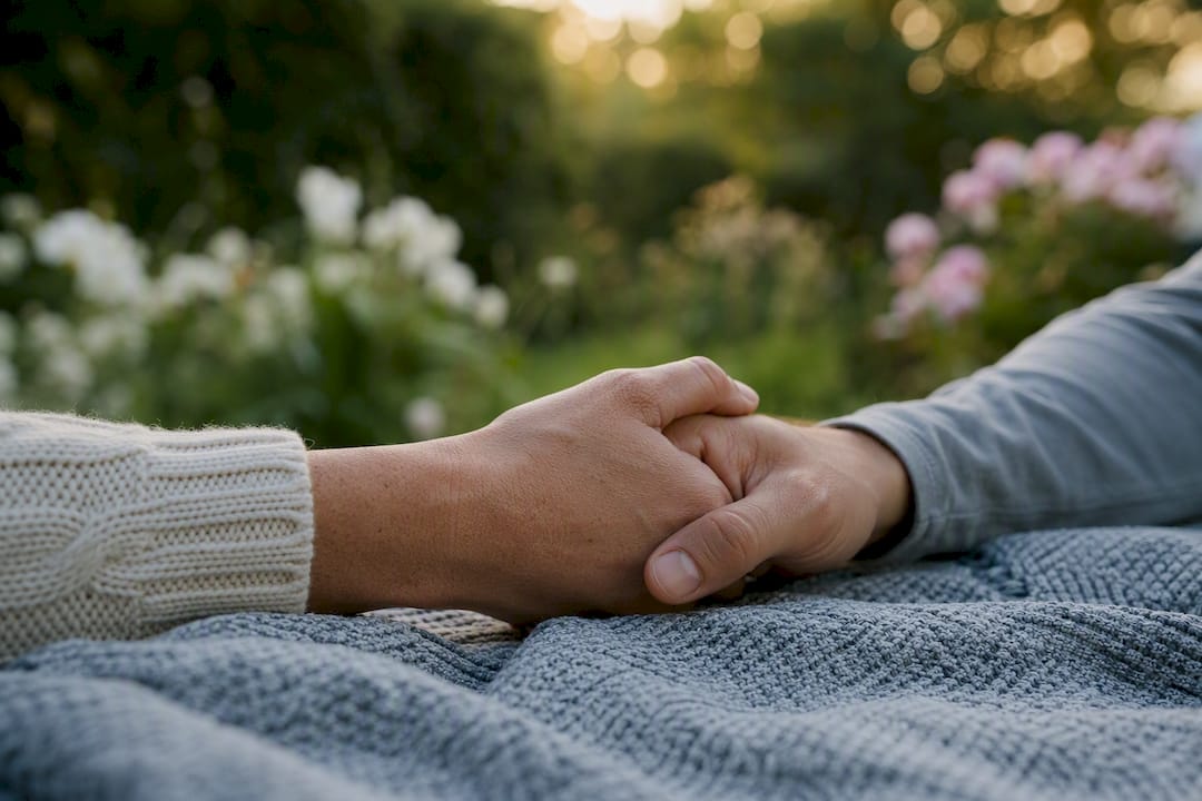 Two hands clasped gently in supportive gesture