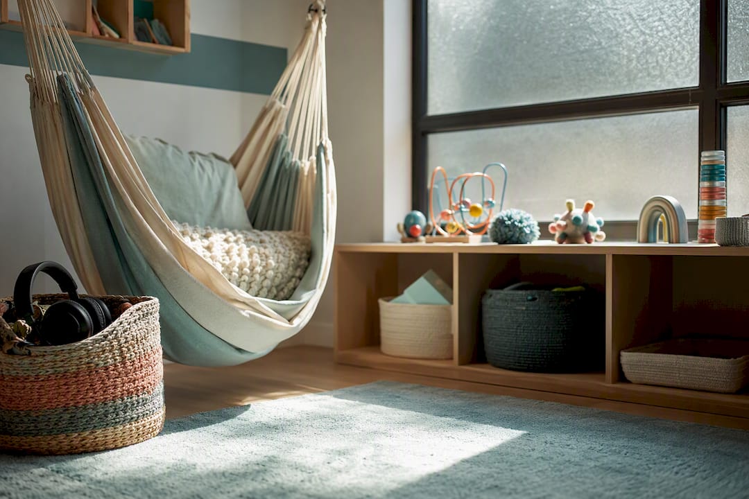 Classroom sensory break corner with beanbag and headphones