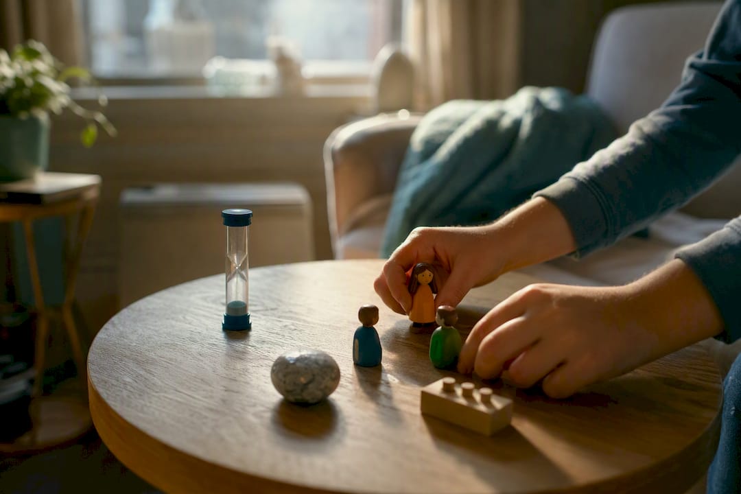 Child’s hands arranging toys for social playdate