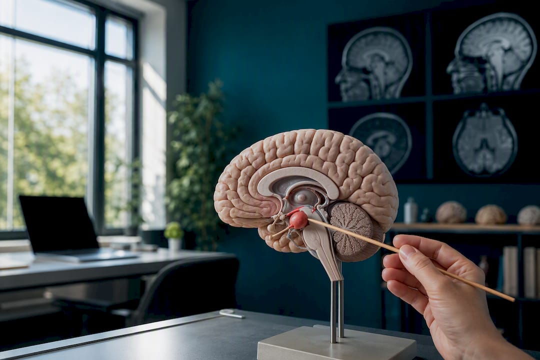 Anatomical brain model with highlighted amygdala