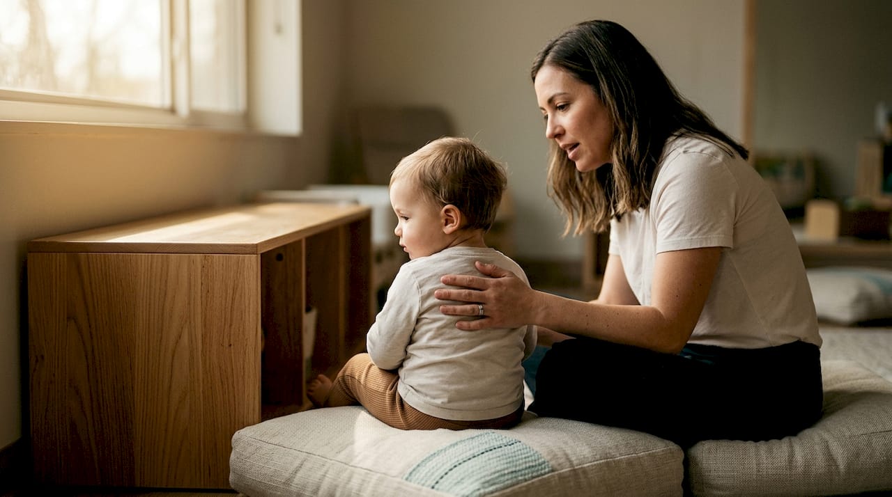 Caregiver helping toddler settle through co-regulation