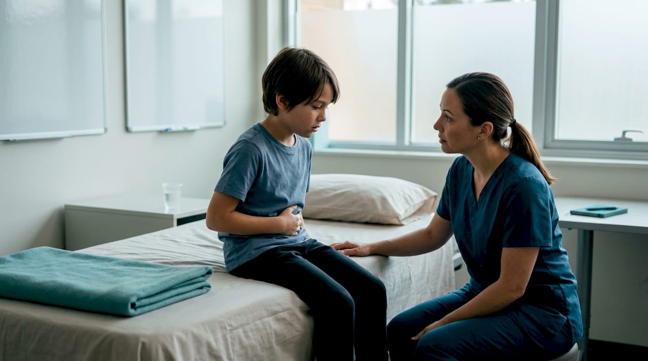 Child showing stomach discomfort in nurse room