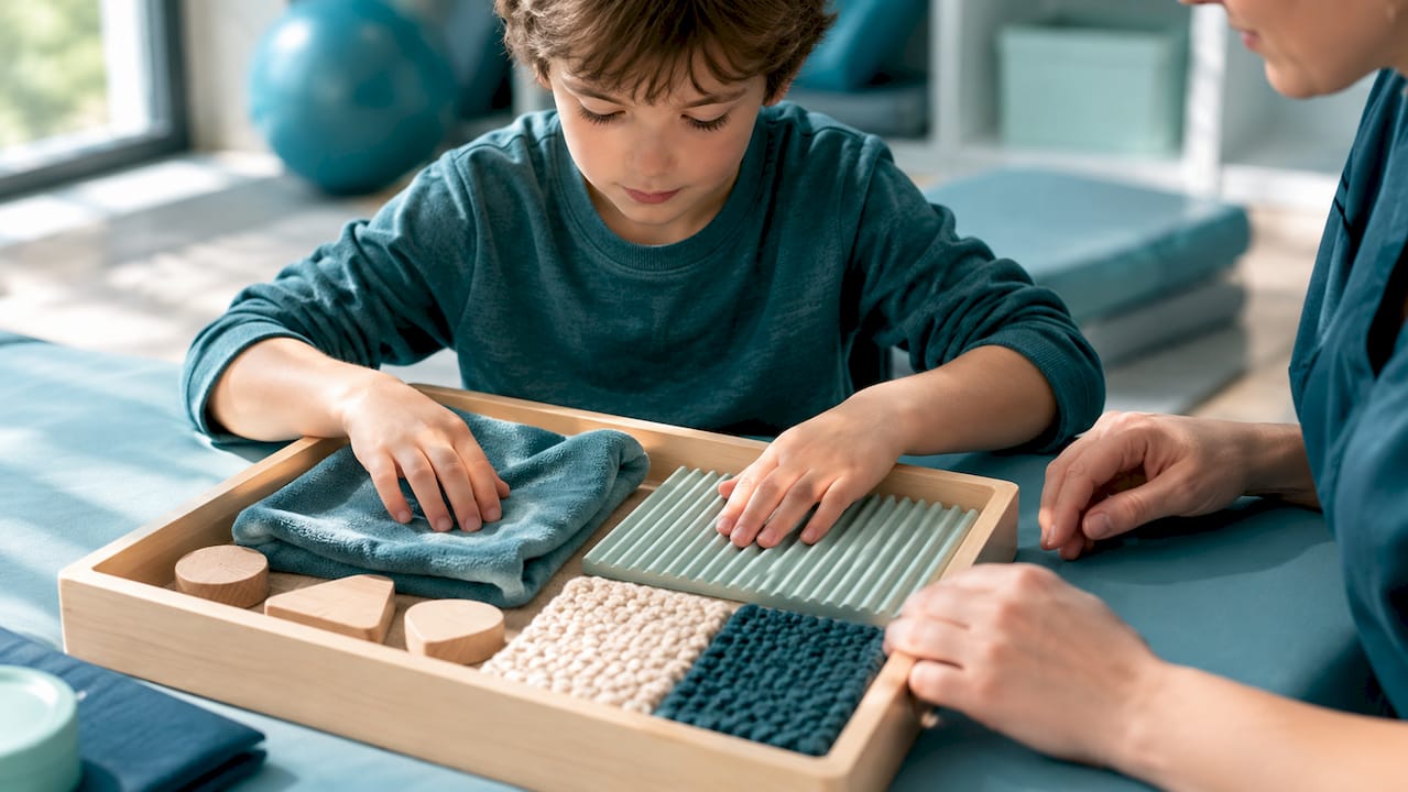 Child exploring textured materials in therapy