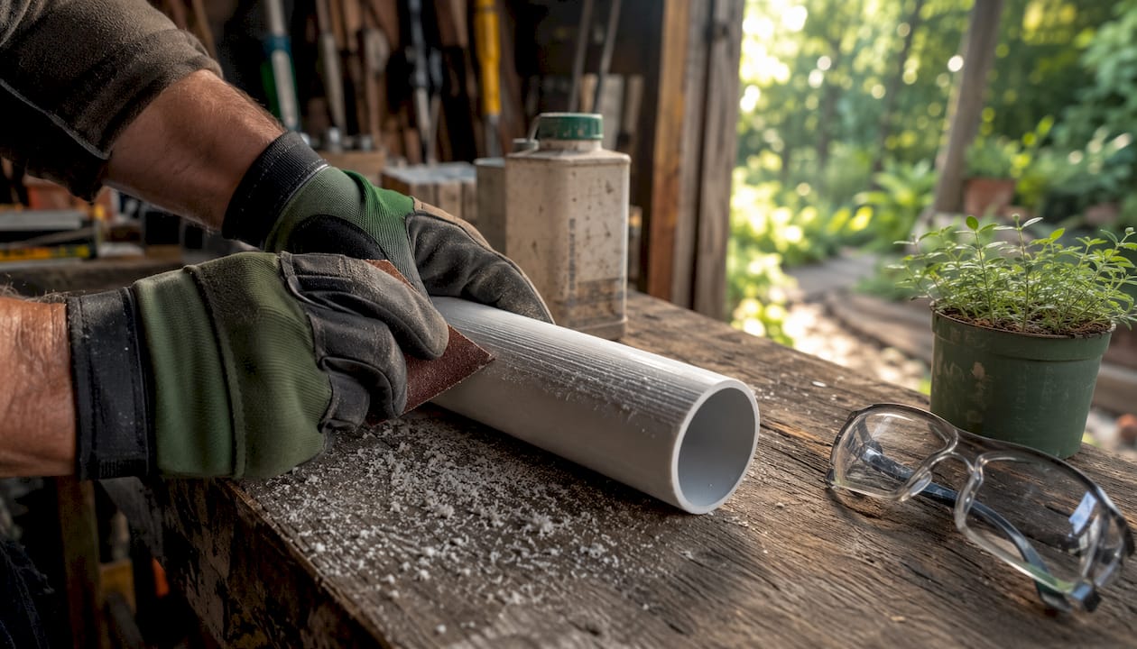 Hands sanding PVC pipe before painting