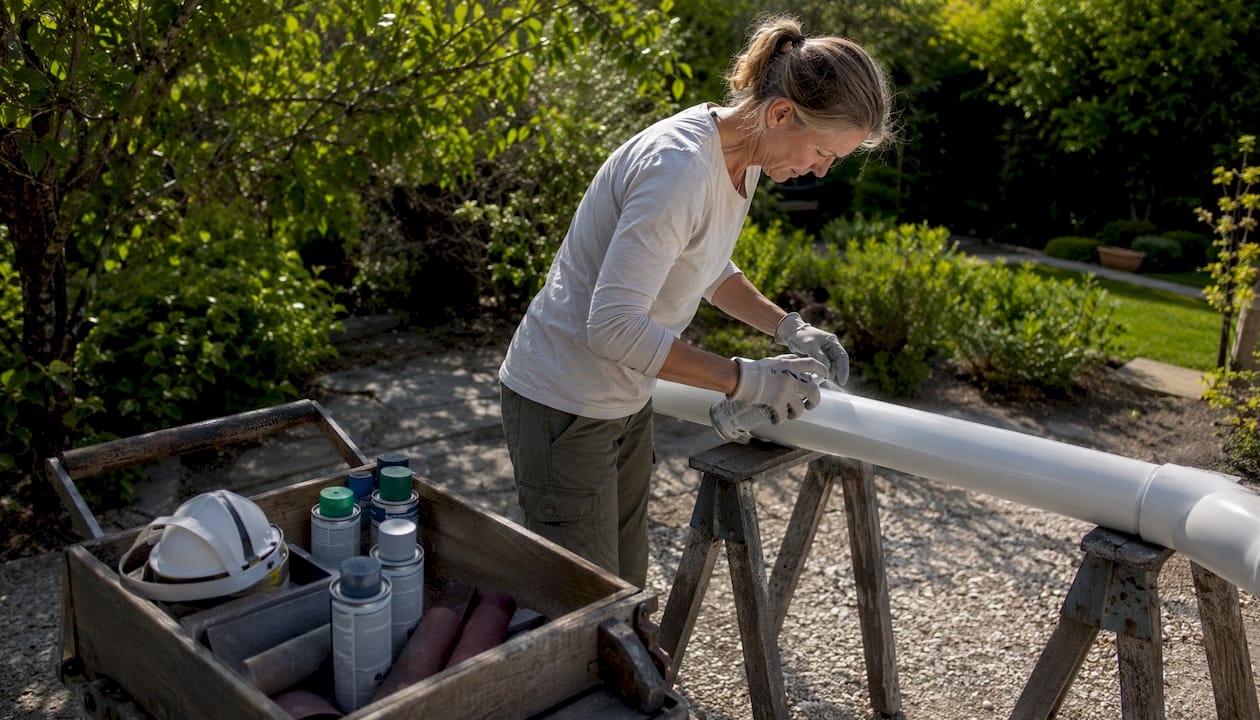 Woman spray painting PVC pipe outdoors