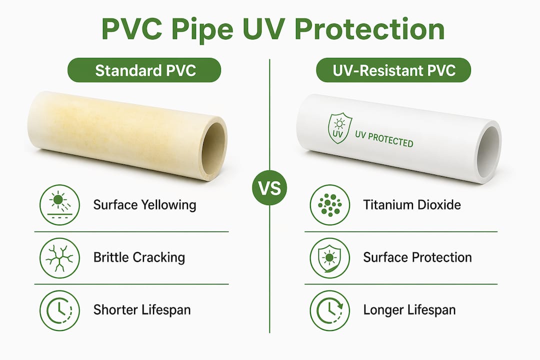 Infographic comparing standard and UV-resistant PVC pipe from Circo
