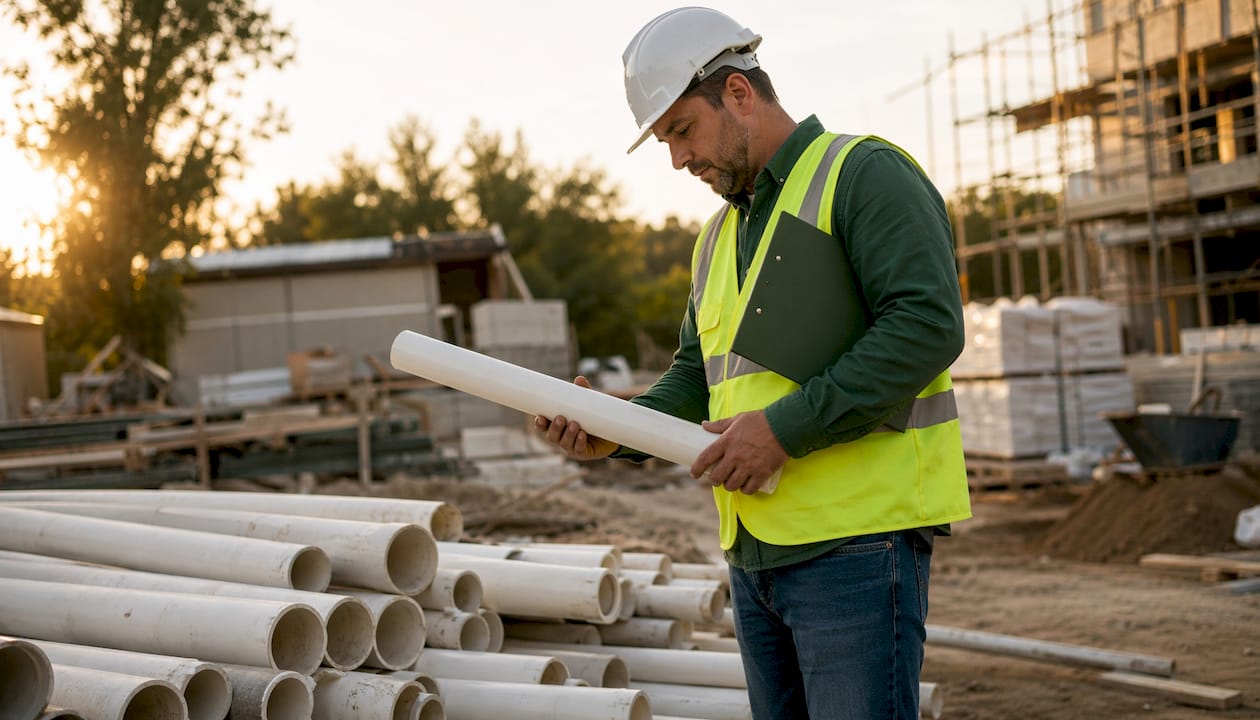 Contractor inspecting UV resistant PVC pipe outdoors