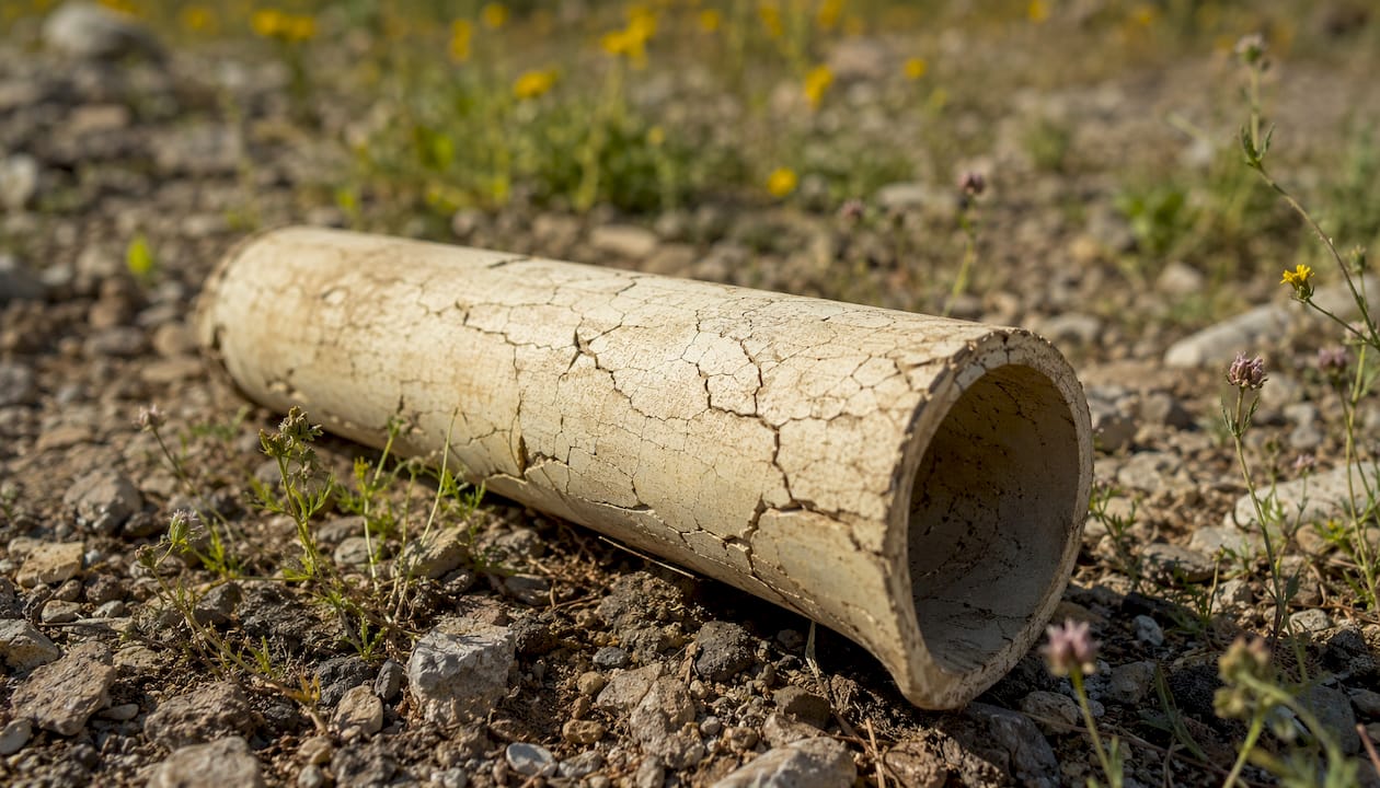 Close-up of damaged PVC pipe surface outdoors
