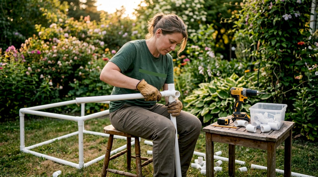 Woman assembling outdoor PVC furniture frame