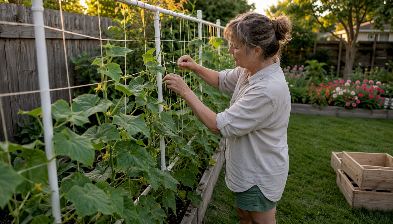 Garden trellis with cucumber vines and gardener