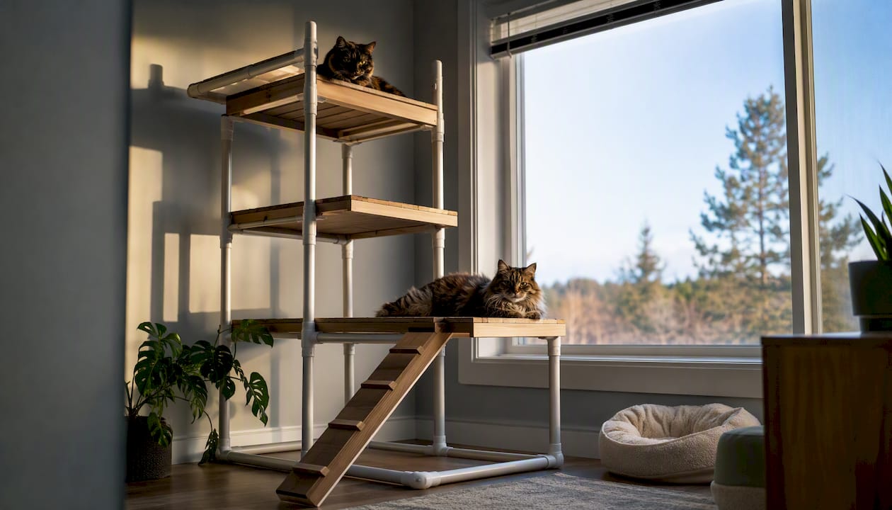 Cats on multi-level platforms in cat enclosure