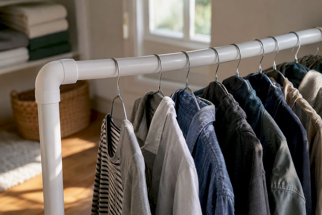 Slightly bowed PVC rack top bar with hanging clothes