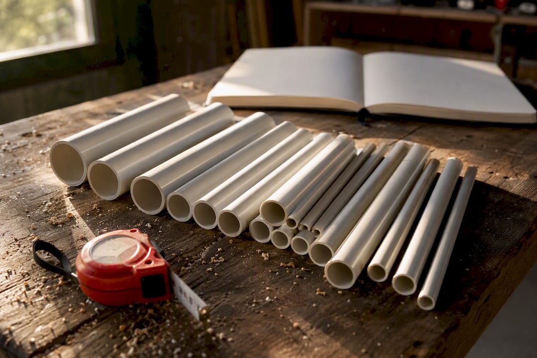 PVC pipe sections with measuring tape overhead
