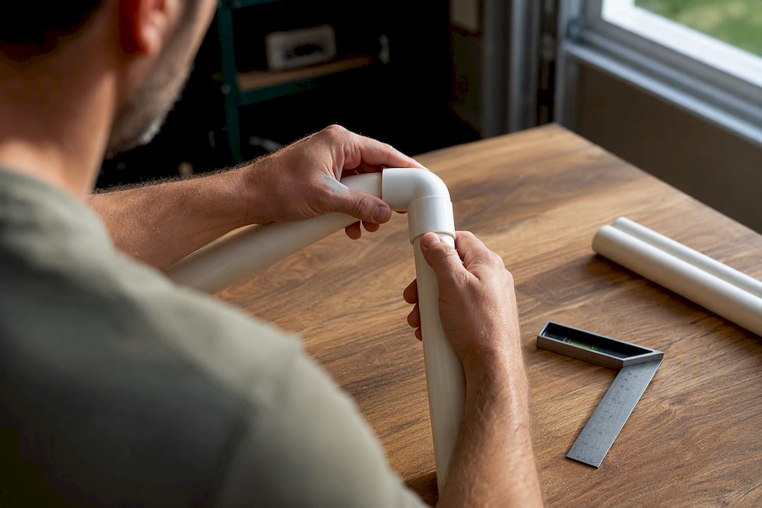 Hands adjusting snap-fit PVC joint alignment