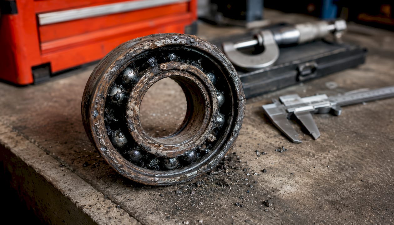 Close-up of damaged wheel bearing parts