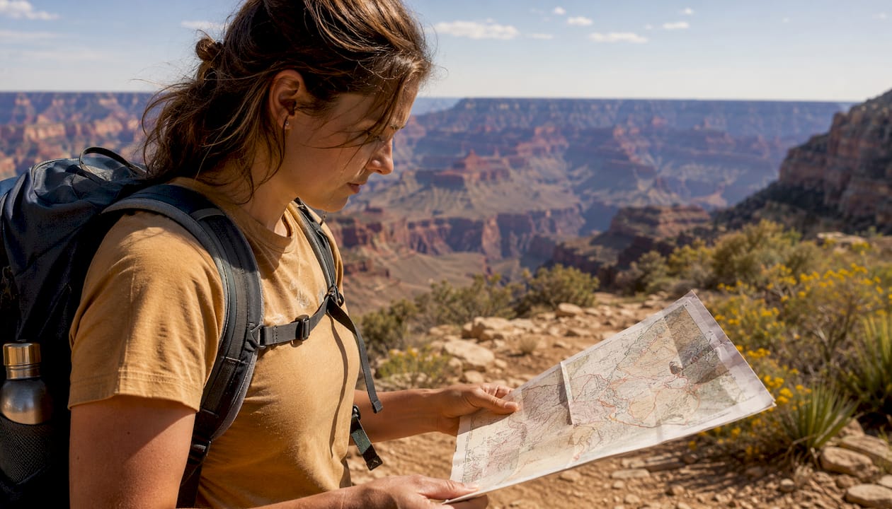 Woman planning Grand Canyon shuttle at visitor center